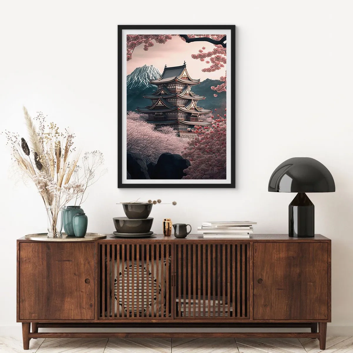 Plagát v čiernom ráme - Japonská pagoda medzi čerešňovými kvetmi - 50x70cm - Krajina kvitnúcich čerešní - Moderná nástenná dekorácia do obývacej izby a spálne ARTTOR