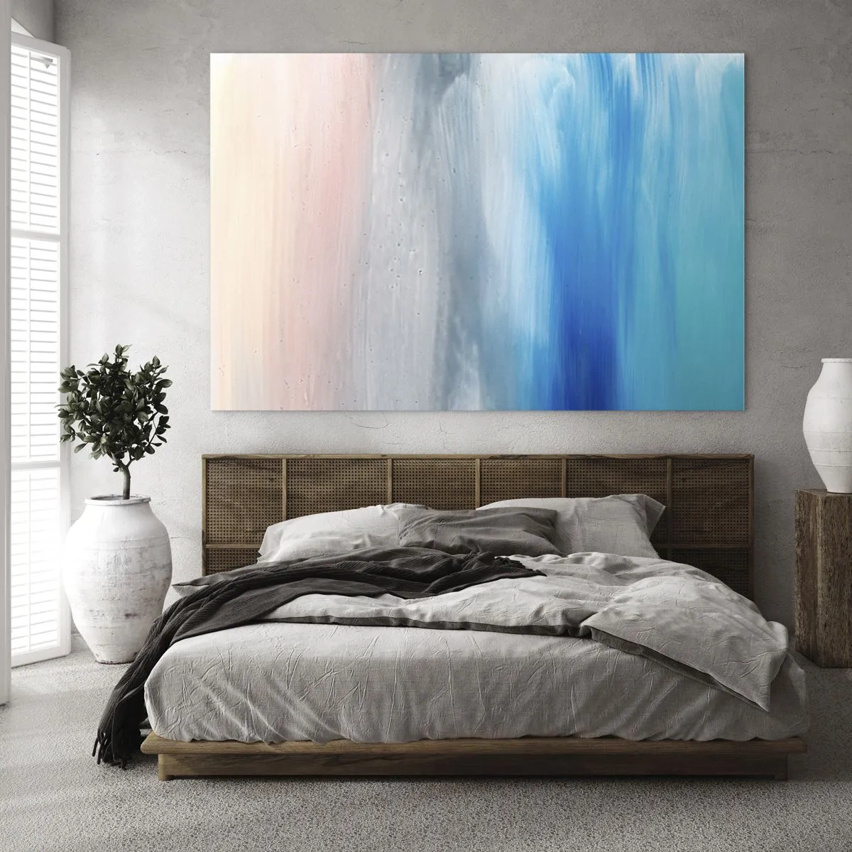 Obraz na skle - Zvislé pruhy pastelových a modrých farieb v abstraktnom štýle. - 70x50cm - Živly: vzduch - Moderná nástenná dekorácia do obývacej izby a spálne ARTTOR