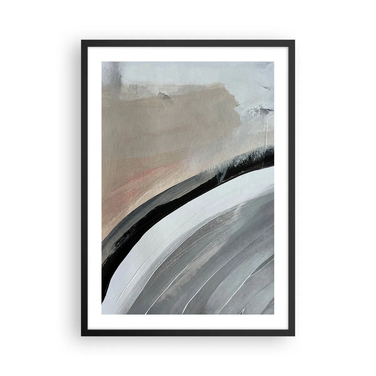 Plagát v čiernom ráme - Abstraktná kompozícia s čiarami v odtieňoch sivej a béžovej. - 50x70cm - Kompozícia: čierny a šedý oblúk - Moderná nástenná dekorácia do obývacej izby a spálne ARTTOR