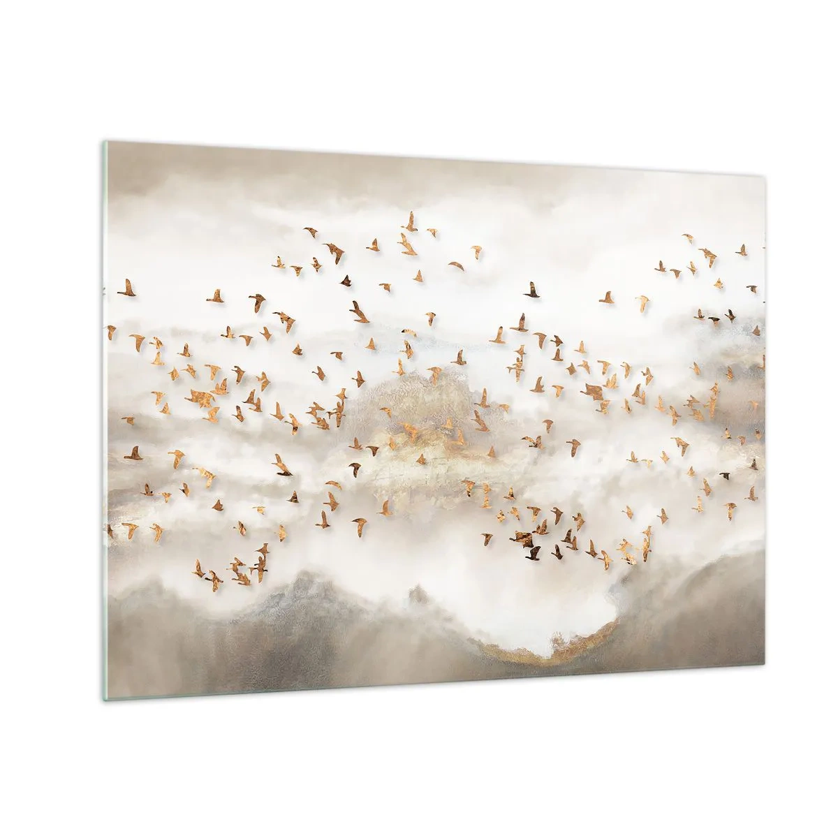 Obraz na skle - Kŕdeľ vtákov letiaci nad hmlistou krajinou - 70x50cm - Už je čas... - Moderná nástenná dekorácia do obývacej izby a spálne ARTTOR