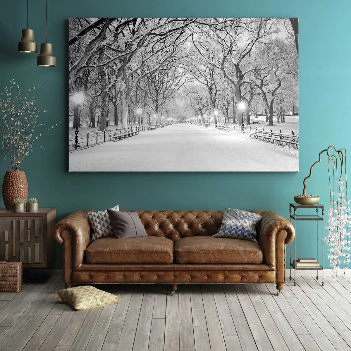 Obraz na plátne - Zimná alej so zasneženými stromami v monochromatickom štýle - 70x50cm - Štyri ročné obdobia – zima - Moderná nástenná dekorácia do obývacej izby a spálne ARTTOR