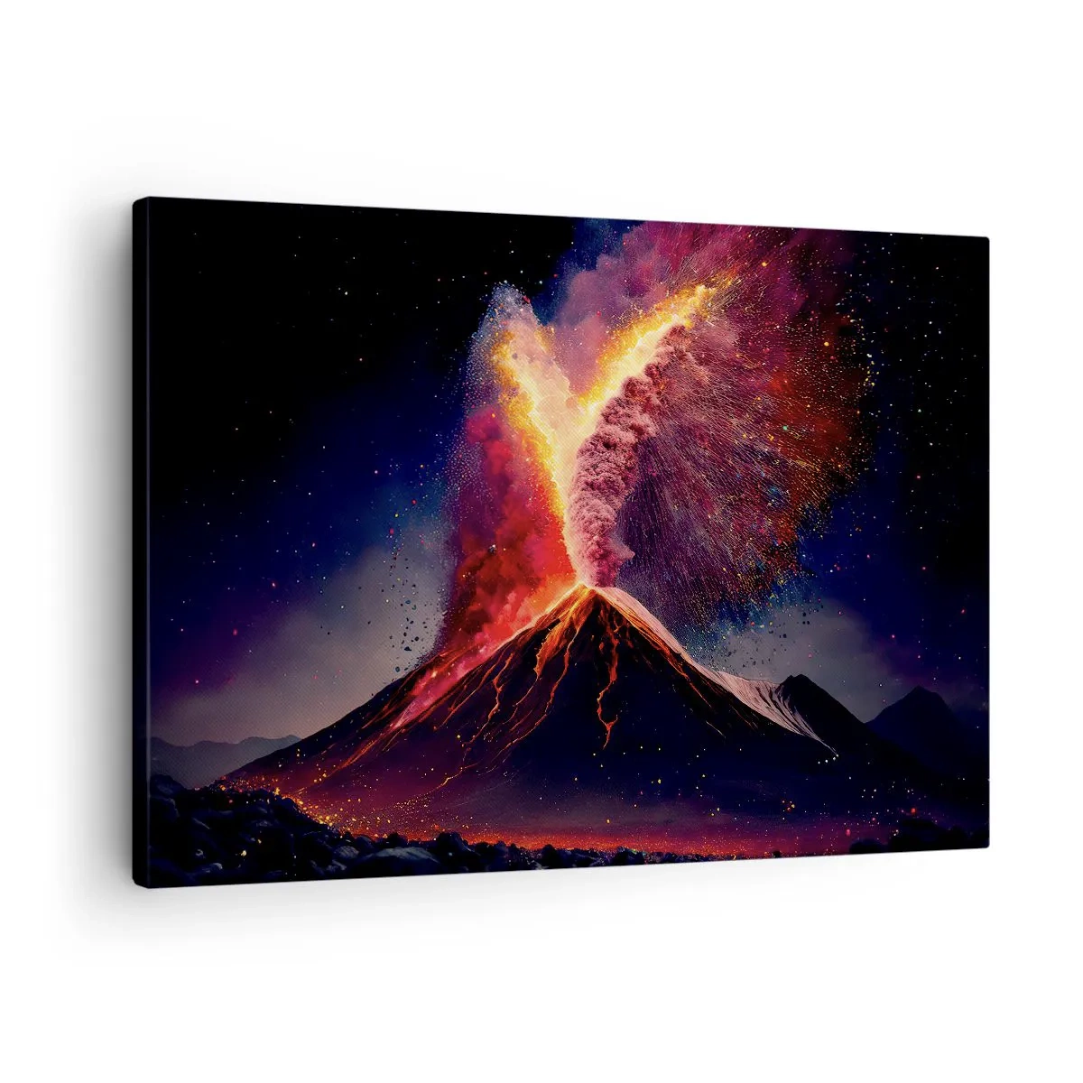 Obraz na plátne - Unikátna sopečná erupcia v noci s dynamickými farbami. - 70x50cm - Krása a hrôza - Moderná nástenná dekorácia do obývacej izby a spálne ARTTOR