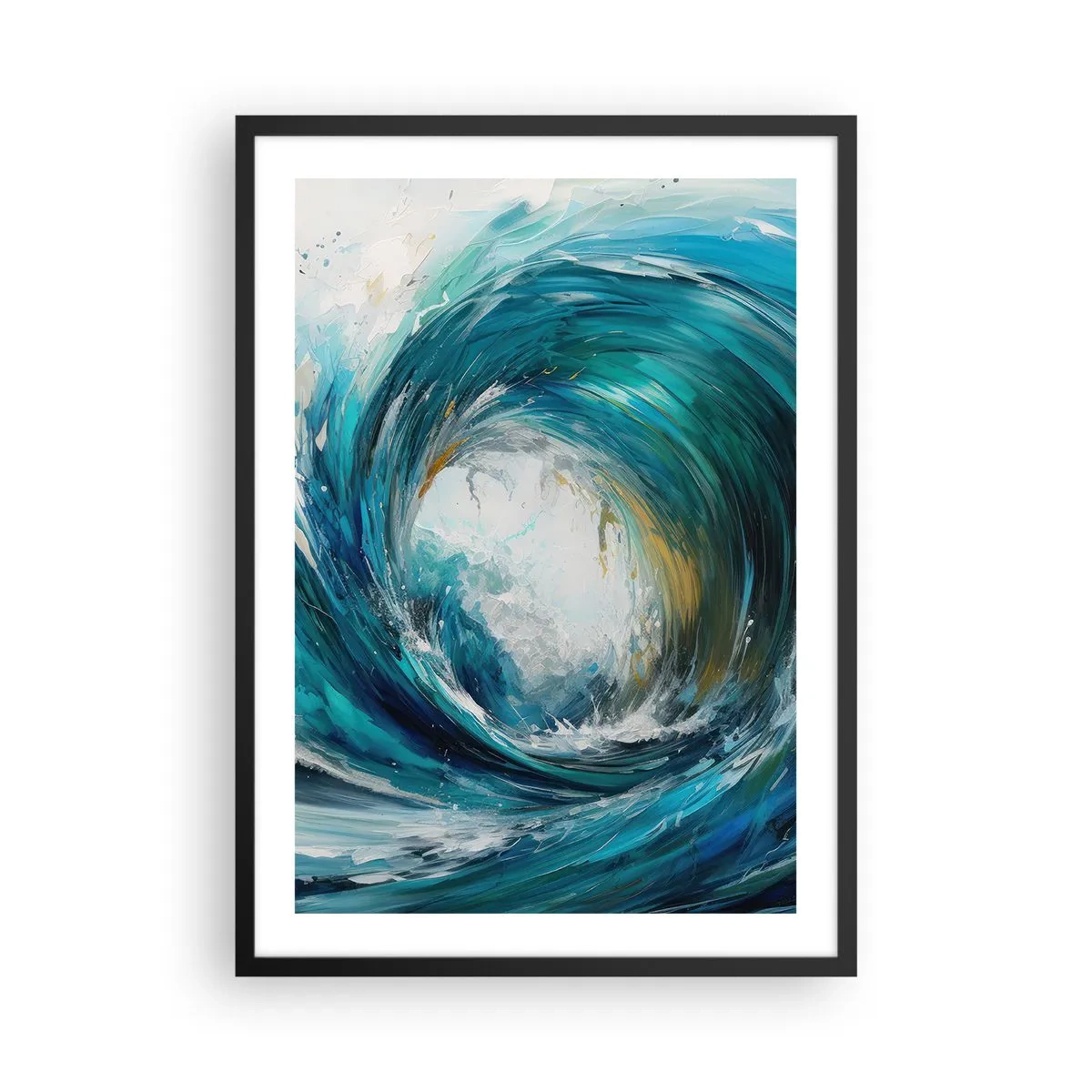 Plagát v čiernom ráme - Abstraktná vlna v odtieňoch tyrkysovej, modrej a bielej - 50x70cm - Morský portál - Moderná nástenná dekorácia do obývacej izby a spálne ARTTOR