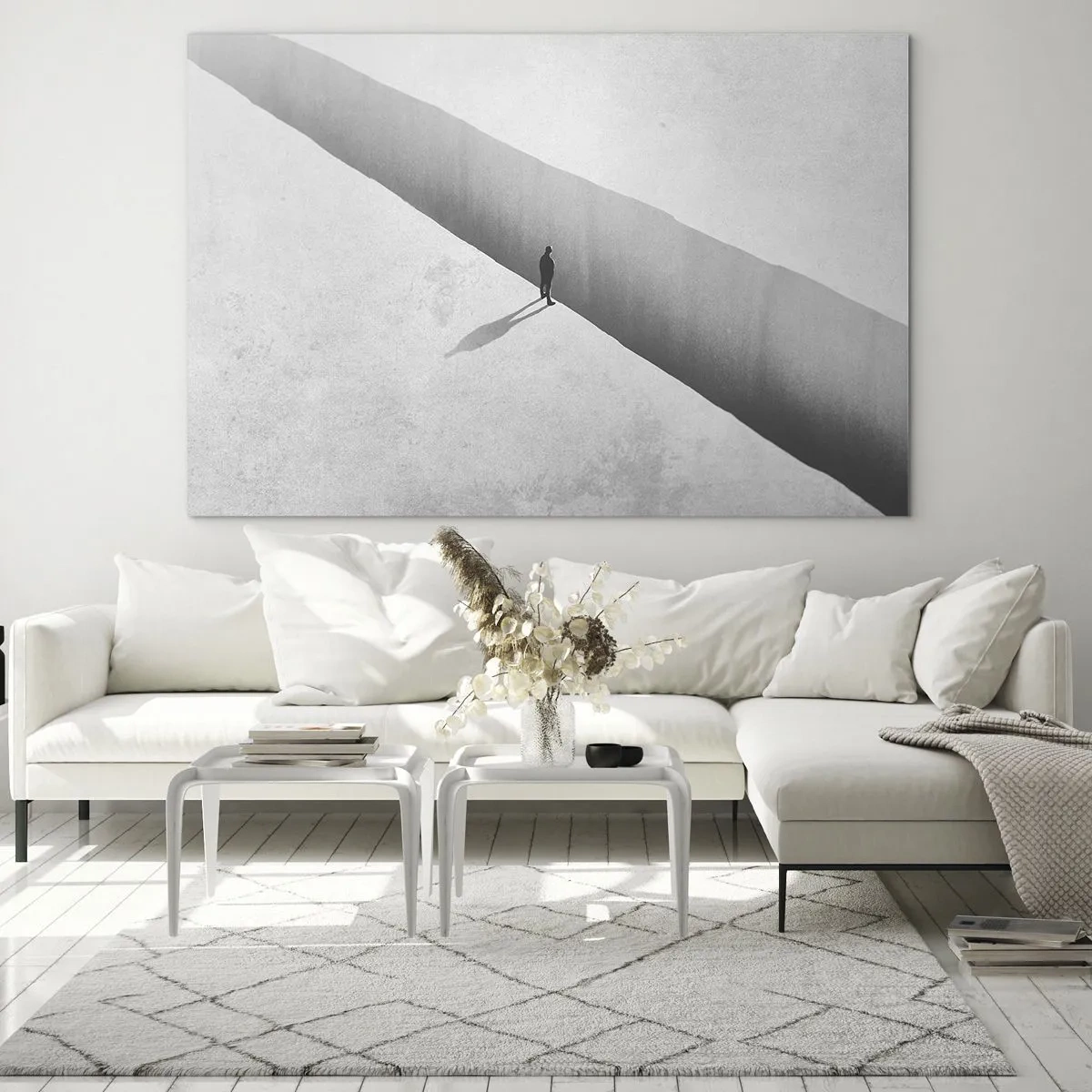 Obraz na skle - Minimalistická silueta nad priepasťou v jasnom priestore - 70x50cm - Jasný cieľ - Moderná nástenná dekorácia do obývacej izby a spálne ARTTOR