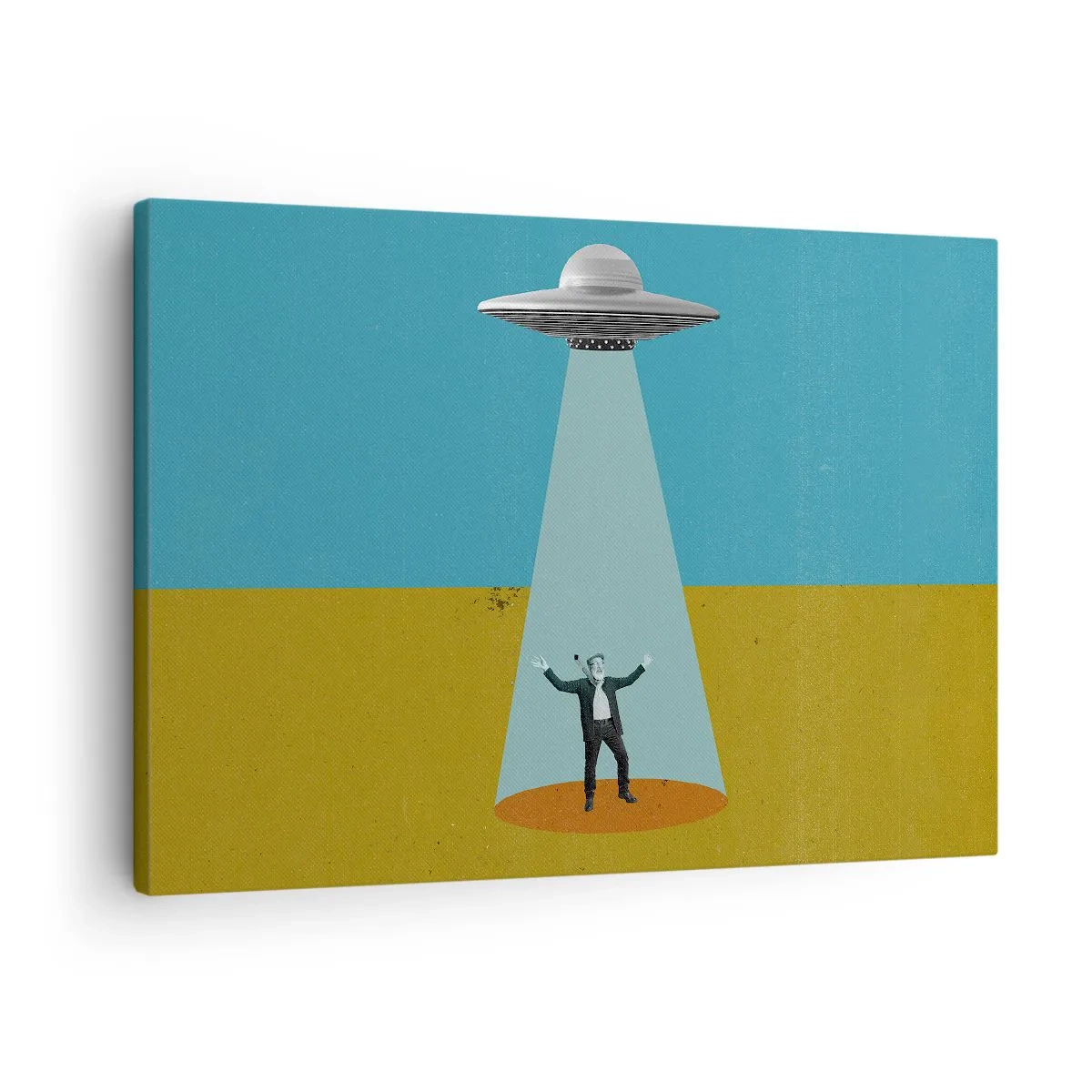 Obraz na plátne - Muž vo svetle UFO na pozadí farebnej krajiny - 70x50cm - Blízke stretnutie - Moderná nástenná dekorácia do obývacej izby a spálne ARTTOR