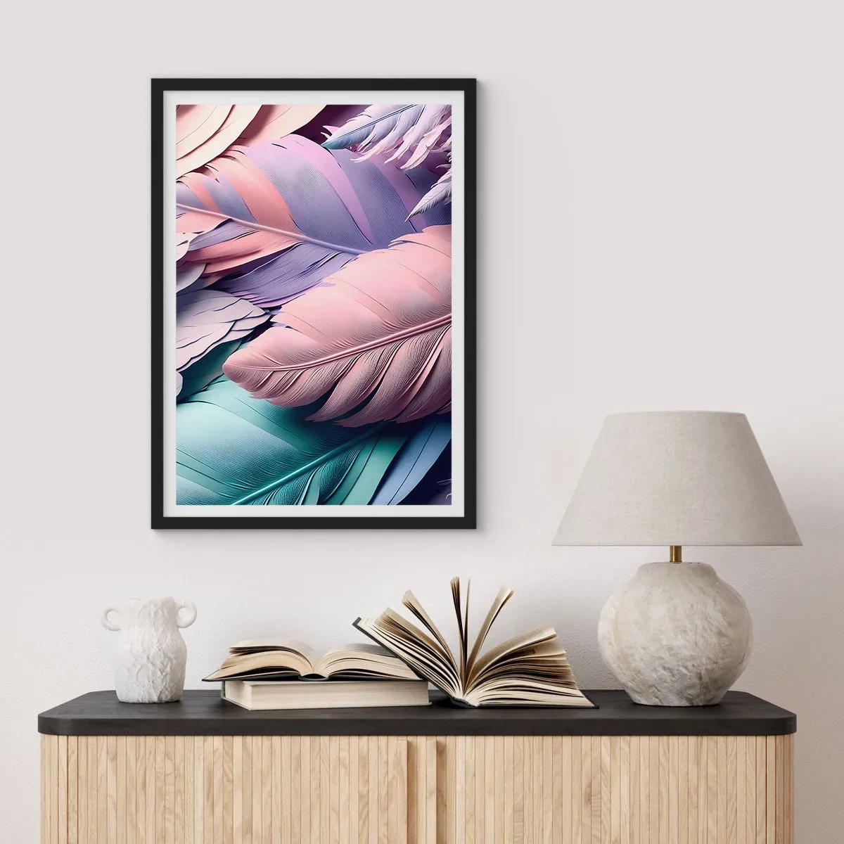 Plagát v čiernom ráme - Pastelové pierka v jemných odtieňoch - 50x70cm - Vtáčí štýl - Moderná nástenná dekorácia do obývacej izby a spálne ARTTOR