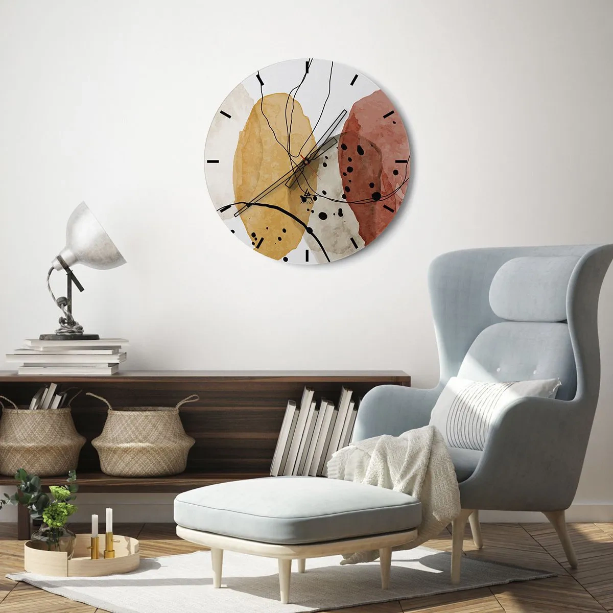 Nástenné hodiny - Abstraktné farebné tvary s čiernymi čiarami a bodkami - 30x30cm - Ako ľahký, priezračný vzduch - Moderná nástenná dekorácia do obývacej izby, kuchyne a spálne ARTTOR