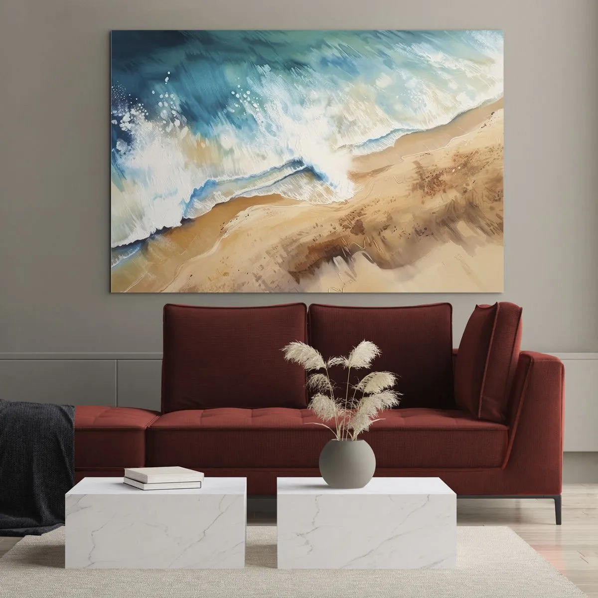 Obraz na skle - Pohľad z vtáčej perspektívy na modrú morskú vlnu narážajúcu na piesočnaté pobrežie - 70x50cm - Vlna, ktorá sa vracia - Moderná nástenná dekorácia do obývacej izby a spálne ARTTOR