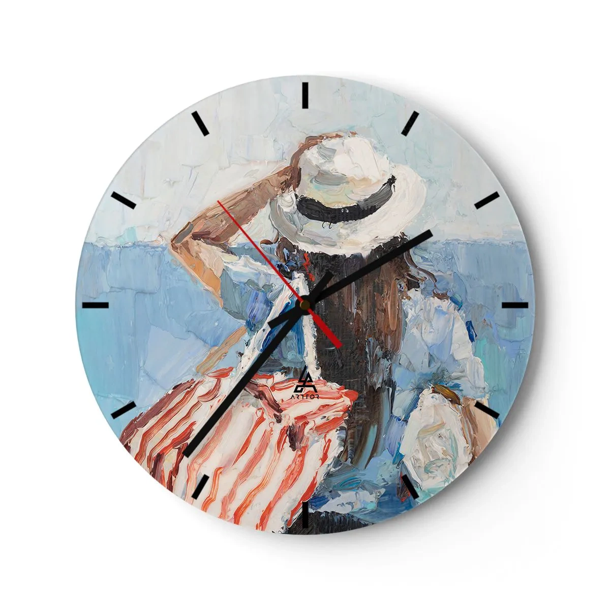 Nástenné hodiny - Letný obraz ženy v klobúku na pozadí mora - 30x30cm - Vitaj na dovolenke - Moderná nástenná dekorácia do obývacej izby, kuchyne a spálne ARTTOR