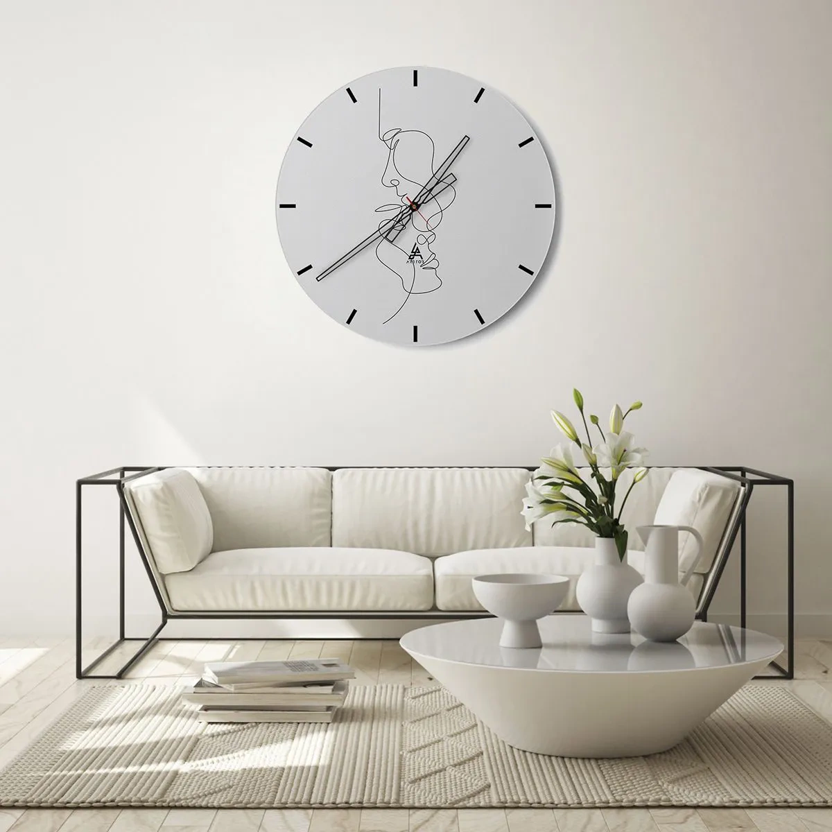 Nástenné hodiny - Minimalistické obrysy tváre v čiernych čiarach na bielom pozadí - 30x30cm - Žiar vášnivých túžob - Moderná nástenná dekorácia do obývacej izby, kuchyne a spálne ARTTOR