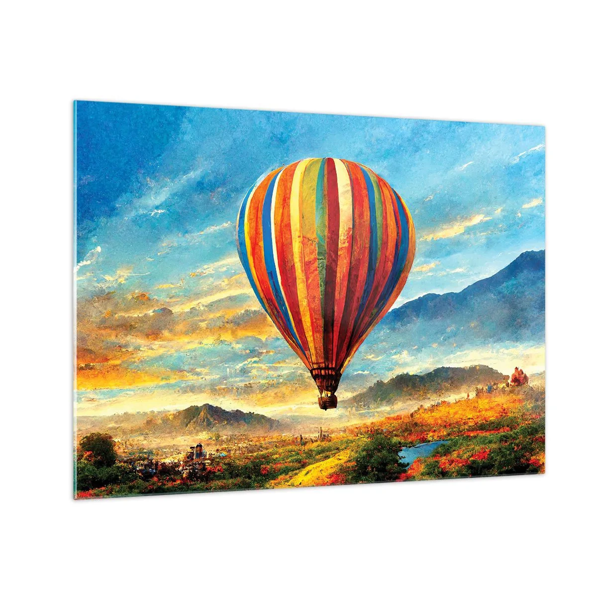 Obraz na skle - Farebný balón vznášajúci sa nad horskou krajinou - 70x50cm - V tichu je toho vidieť viac - Moderná nástenná dekorácia do obývacej izby a spálne ARTTOR
