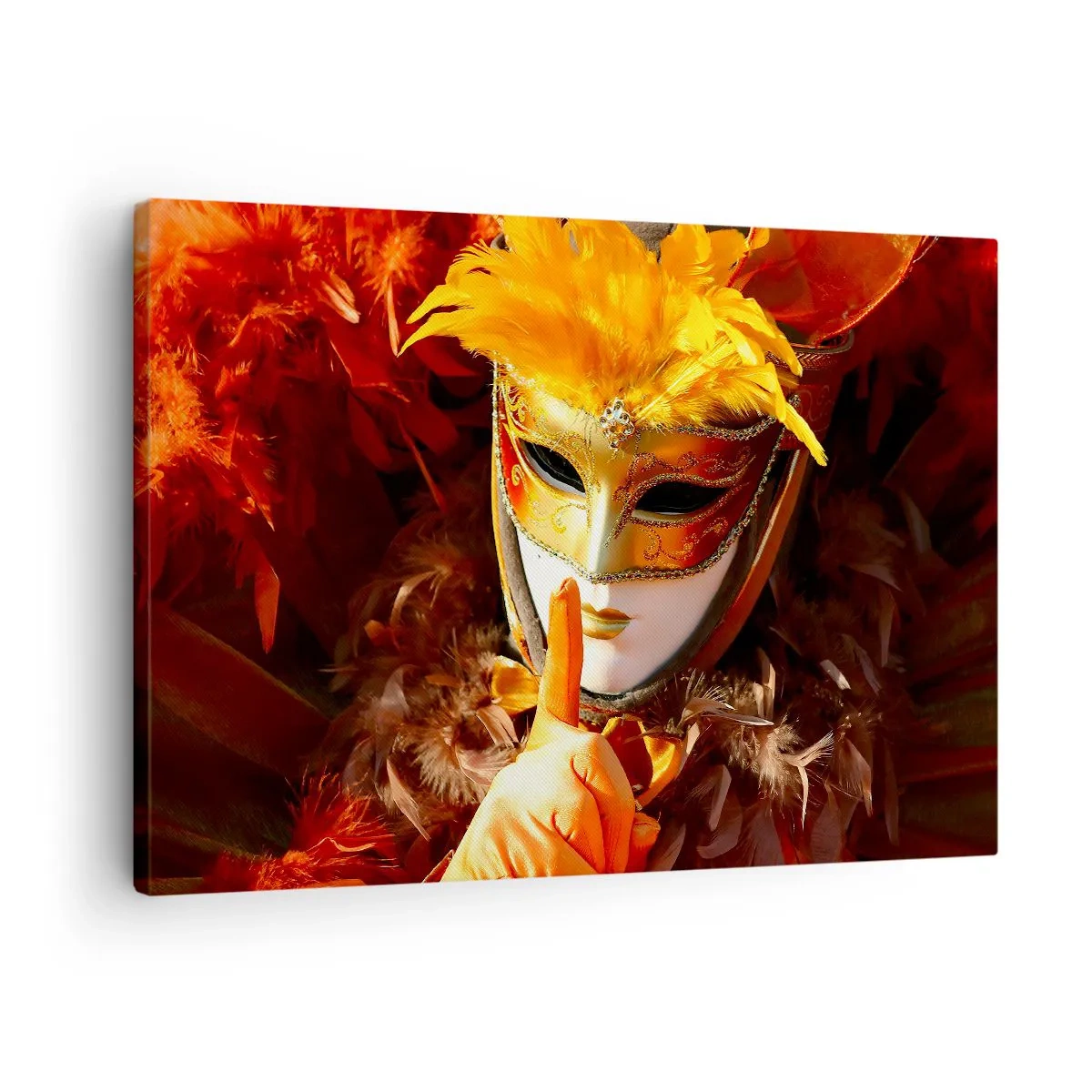 Obraz na plátne - Karnevalová maska v odtieňoch zlatej a oranžovej - 70x50cm - Tajomstvo je časťou hry - Moderná nástenná dekorácia do obývacej izby a spálne ARTTOR