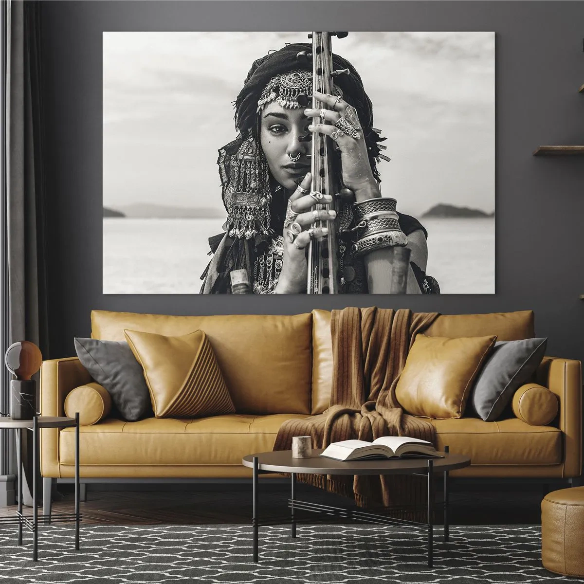 Obraz na skle - Žena v orientálnych šperkoch s hudobným nástrojom - 70x50cm - Samotná hudba orientu - Moderná nástenná dekorácia do obývacej izby a spálne ARTTOR