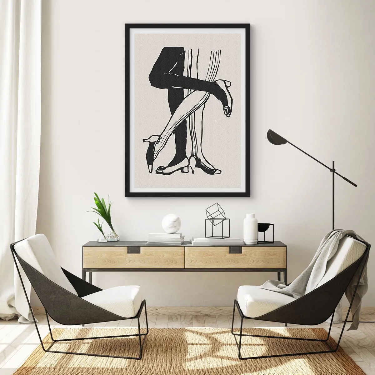 Plagát v čiernom ráme - Čiernobiela ilustrácia prepletených nôh tancujúcich - 50x70cm - Ženský atribút - Moderná nástenná dekorácia do obývacej izby a spálne ARTTOR