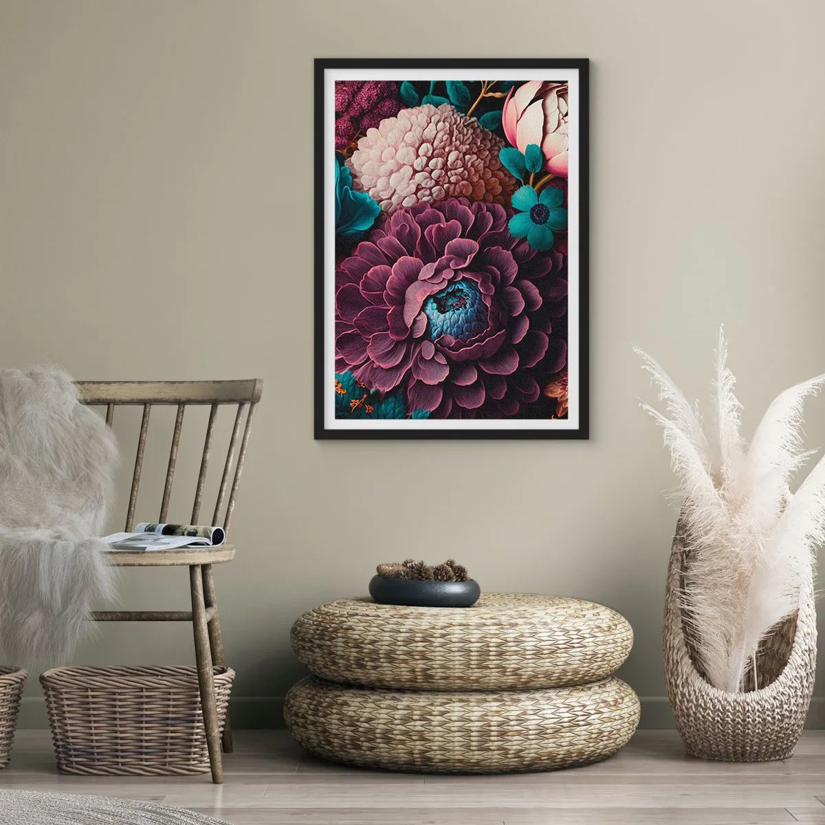 Plagát v čiernom ráme - Kvetinový aranžmán v tmavých odtieňoch - 50x70cm - Úroda prírody - Moderná nástenná dekorácia do obývacej izby a spálne ARTTOR