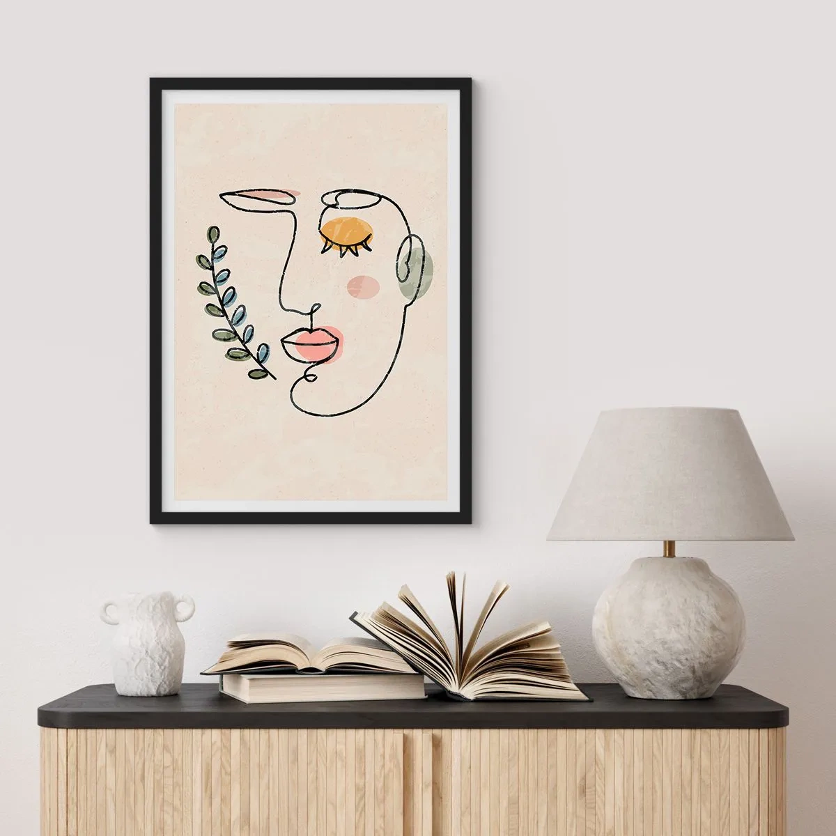 Plagát v čiernom ráme - Minimalistický líniový portrét ženy na béžovom pozadí - 50x70cm - Nájdený pokoj - Moderná nástenná dekorácia do obývacej izby a spálne ARTTOR