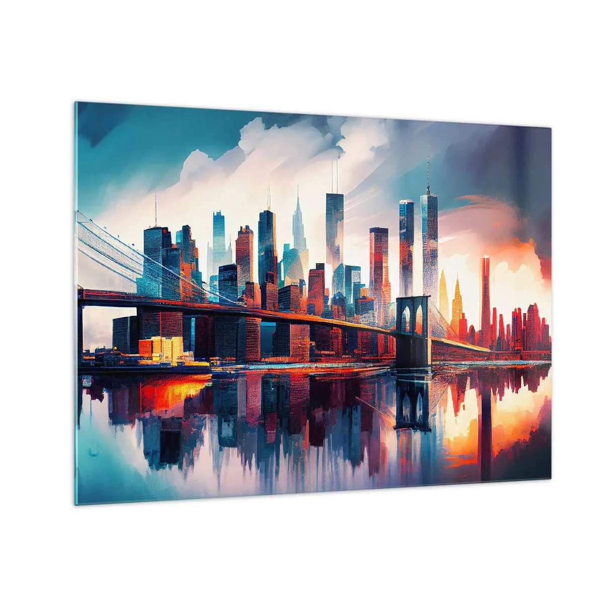 Obraz na skle - Panoráma mesta s mostom na pozadí farebnej oblohy a odrazu vo vode - 70x50cm - Famózny New York - Moderná nástenná dekorácia do obývacej izby a spálne ARTTOR