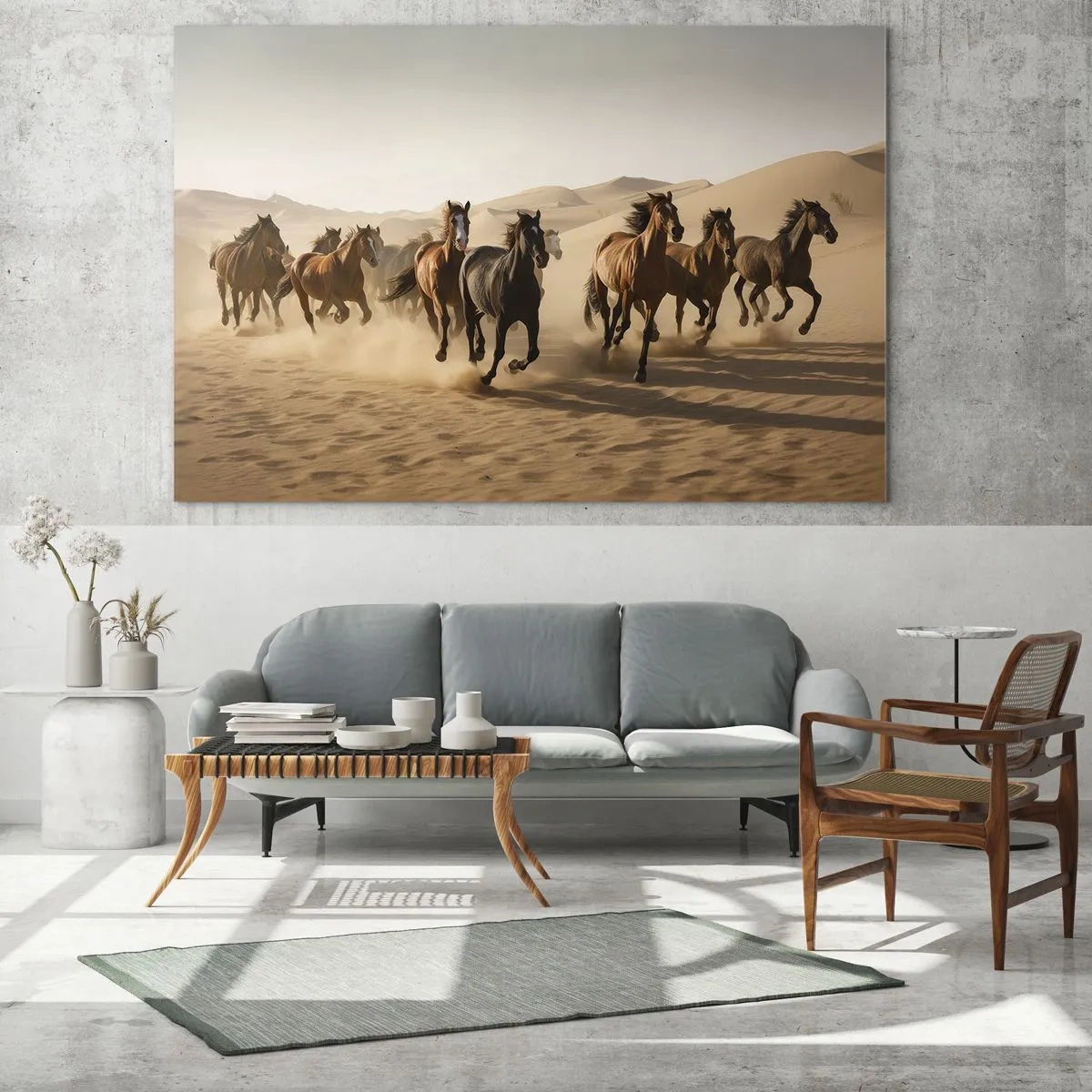 Obraz na skle - Stádo cválajúcich koní v púšti medzi piesočnými dunami - 70x50cm - Voľné ako vietor - Moderná nástenná dekorácia do obývacej izby a spálne ARTTOR