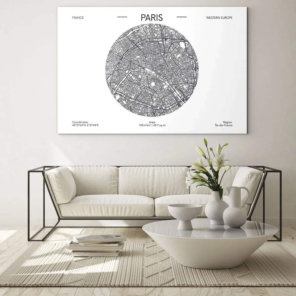 Obraz na skle - Kruhová mapa Paríža v čiernobielej ilustrácii - 70x50cm - Anatómia Paríža - Moderná nástenná dekorácia do obývacej izby a spálne ARTTOR