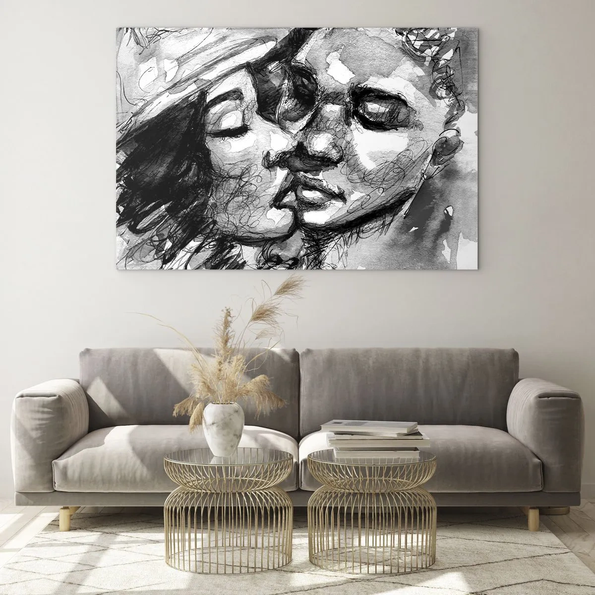 Obraz na skle - Čiernobiely náčrt nežného bozku - 70x50cm - Nežný okamih - Moderná nástenná dekorácia do obývacej izby a spálne ARTTOR