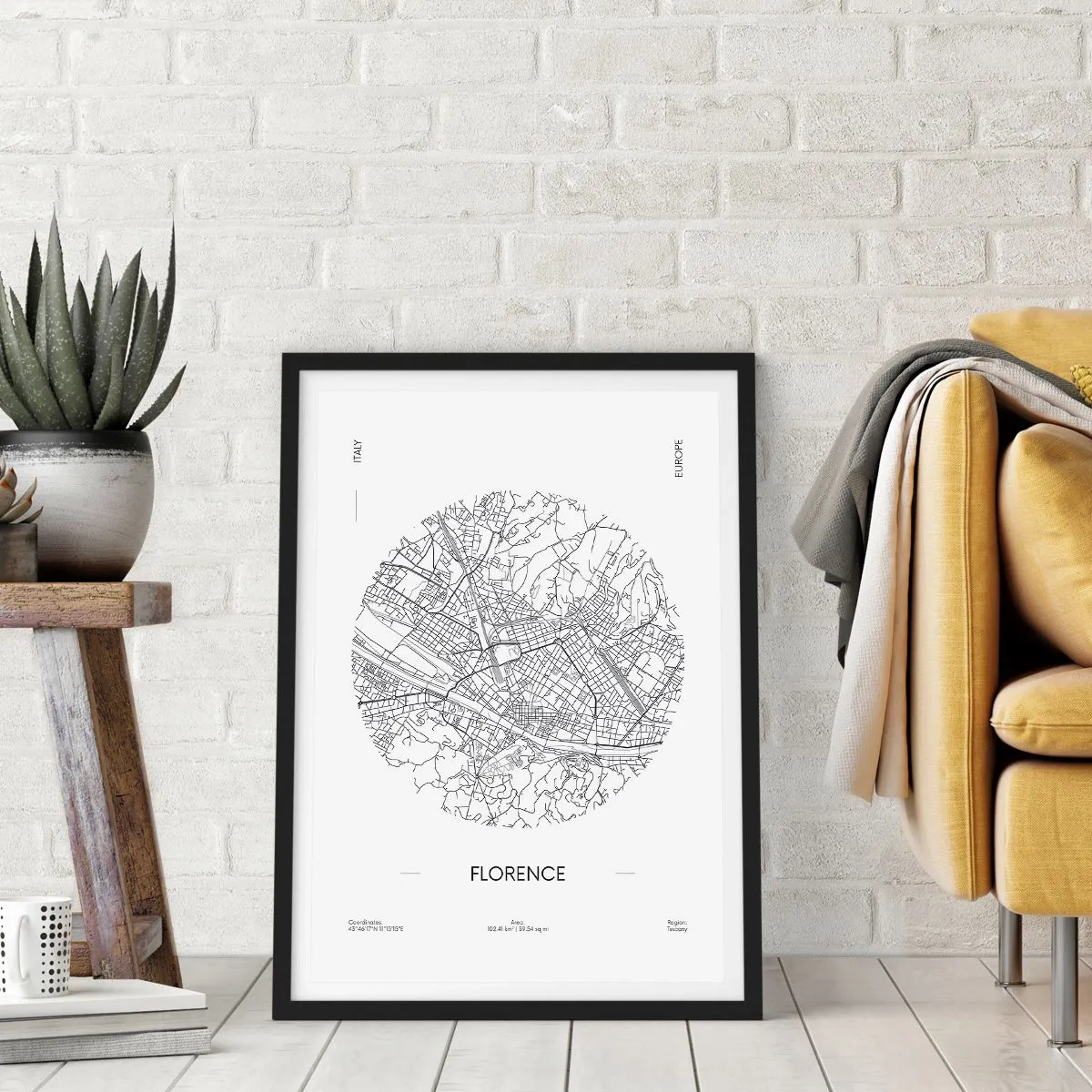 Plagát v čiernom ráme - Minimalistická mapa Florencie v čiernobielej farbe. - 50x70cm - Anatómia Florencie - Moderná nástenná dekorácia do obývacej izby a spálne ARTTOR