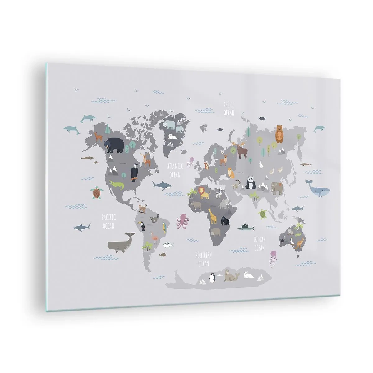 Obraz na skle - Ilustrovaná mapa sveta s charakteristickými zvieratami - 70x50cm - Povedz mi, odkiaľ si... - Moderná nástenná dekorácia do obývacej izby a spálne ARTTOR