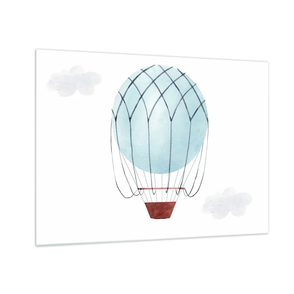 Obraz na skle - Modrý teplovzdušný balón v oblakoch - 70x50cm - Celý v oblakoch - Moderná nástenná dekorácia do obývacej izby a spálne ARTTOR
