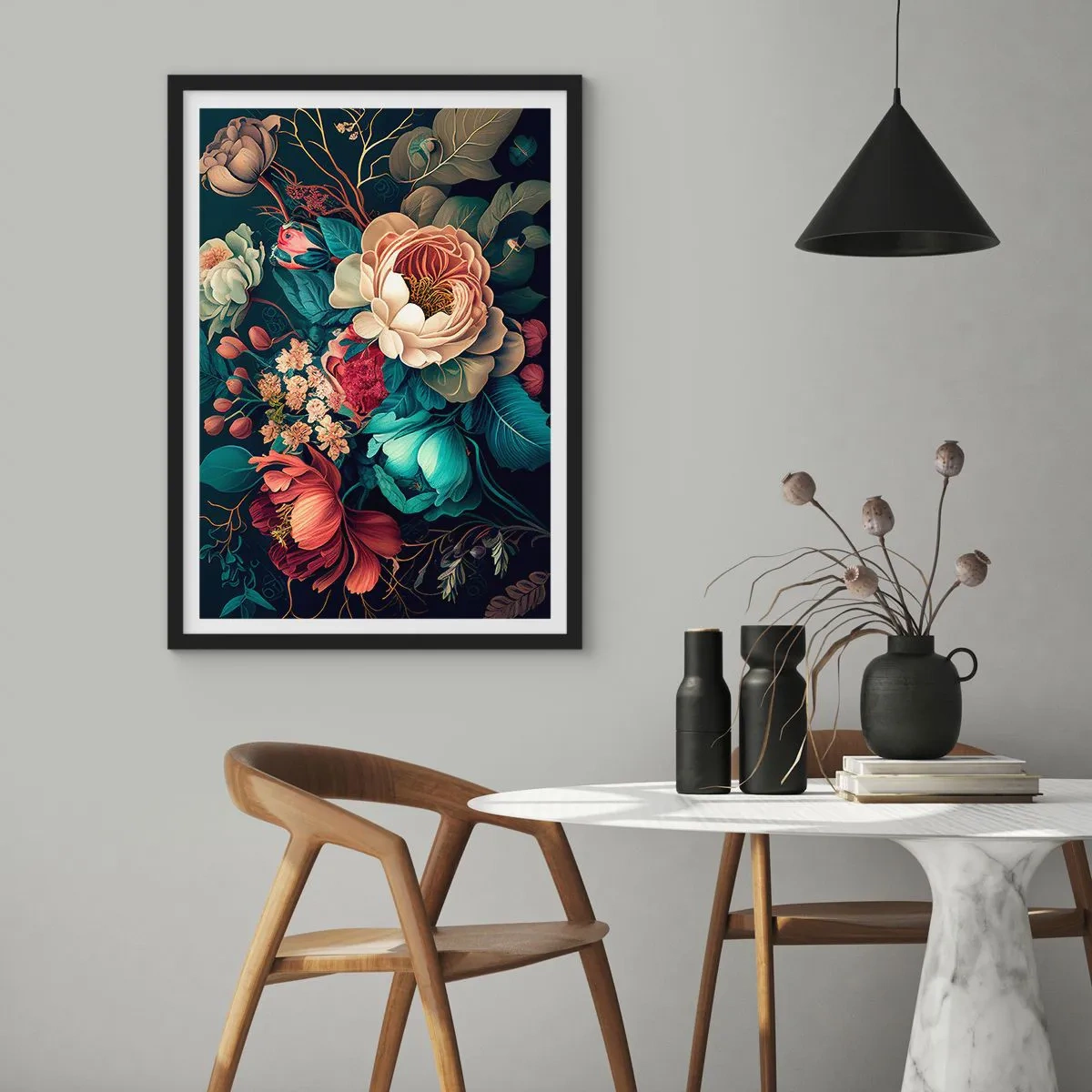 Plagát v čiernom ráme - Kytica kvetov v barokovom štýle na tmavom pozadí - 50x70cm - Pôvab 19. storočia - Moderná nástenná dekorácia do obývacej izby a spálne ARTTOR