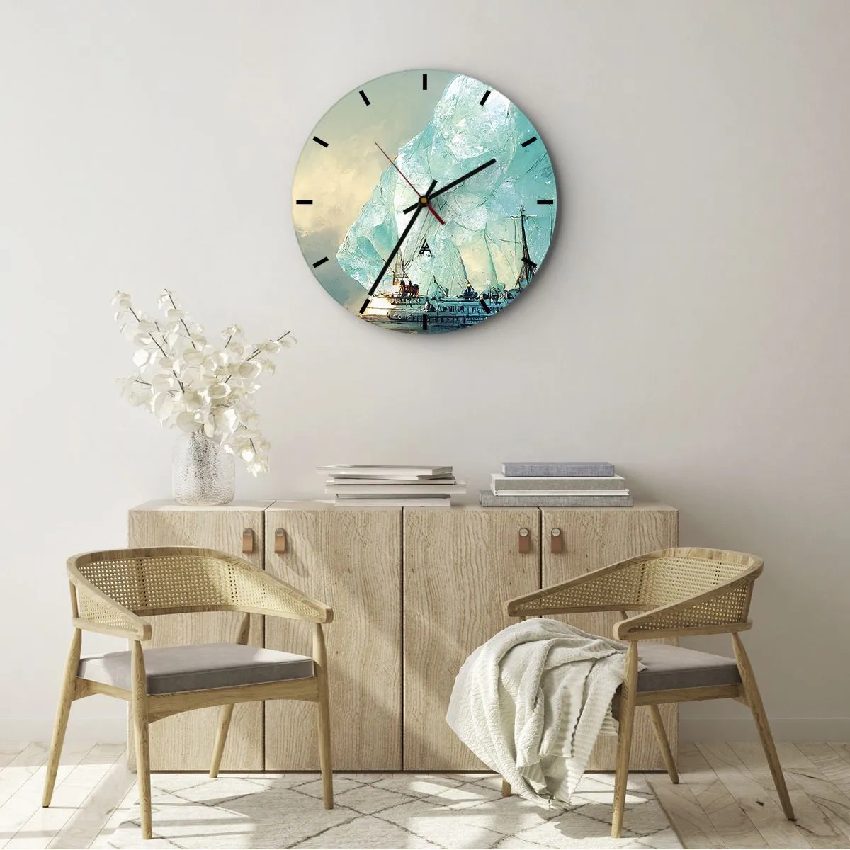 Nástenné hodiny - Loď medzi modrými ľadovcami na pozadí oblohy - 30x30cm - Arktický briliant - Moderná nástenná dekorácia do obývacej izby, kuchyne a spálne ARTTOR