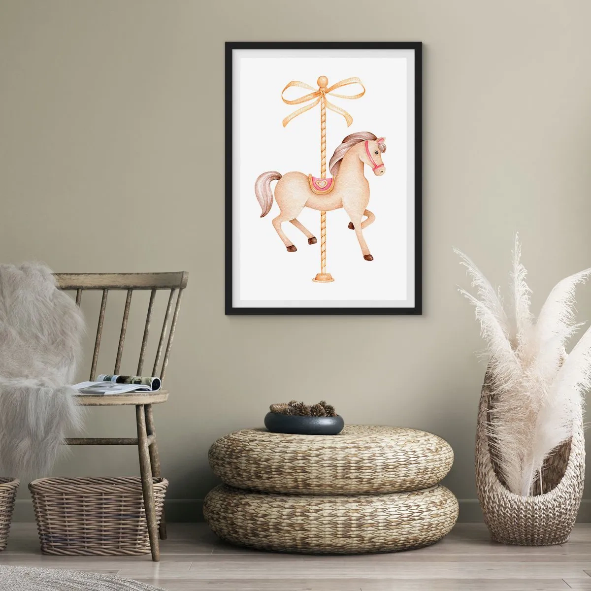 Plagát v čiernom ráme - Jemná ilustrácia koňa z kolotoča v pastelových farbách - 50x70cm - Elegantným klusom - Moderná nástenná dekorácia do obývacej izby a spálne ARTTOR