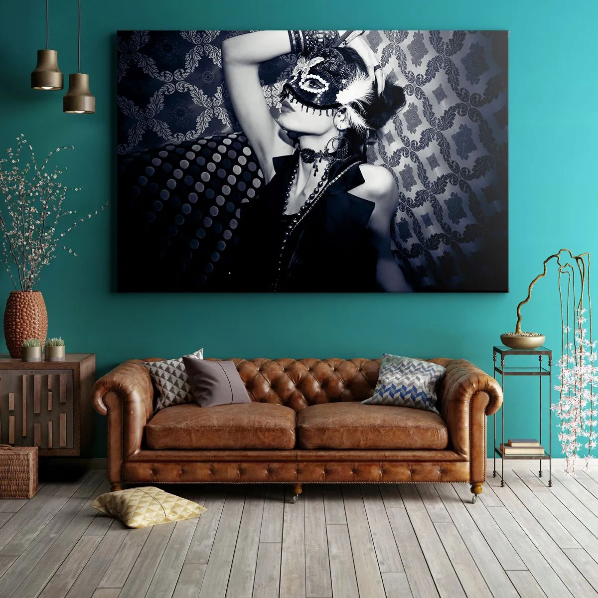 Obraz na plátne - Žena v benátskej maske na pozadí zdobených vzorov. - 70x50cm - Dekorácie, ozdoby, vzory… - Moderná nástenná dekorácia do obývacej izby a spálne ARTTOR