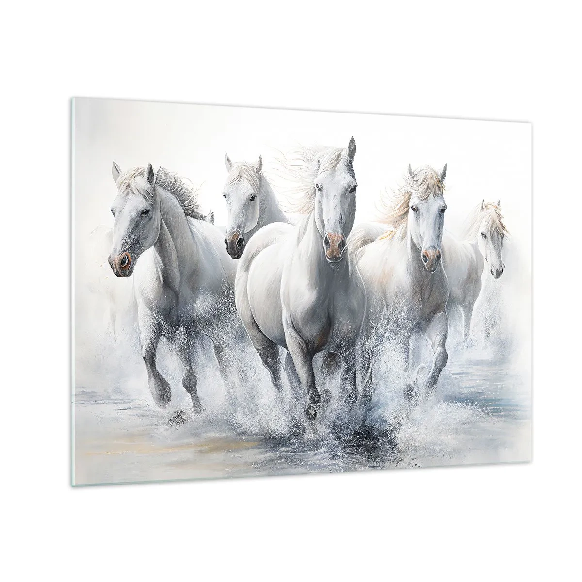 Obraz na skle - Biele kone cválajúce cez vodu v dynamickej kompozícii - 70x50cm - Biela mágia - Moderná nástenná dekorácia do obývacej izby a spálne ARTTOR