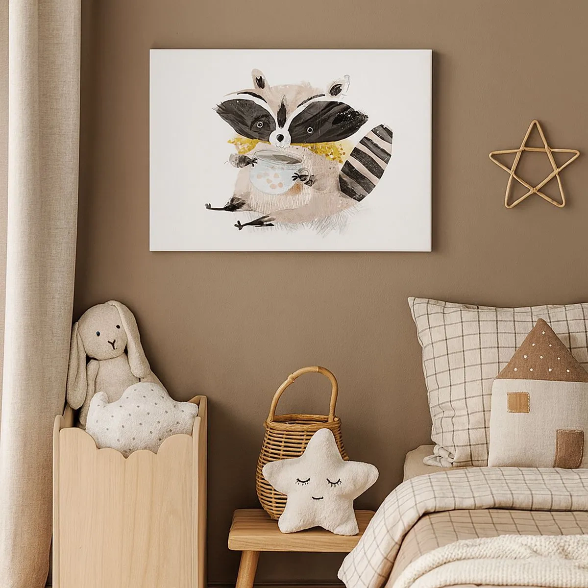 Obraz na plátne - Rozkošný mýval drží pastelovo sfarbený hrnček - 70x50cm - Môj priateľ mýval - Moderná nástenná dekorácia do obývacej izby a spálne ARTTOR