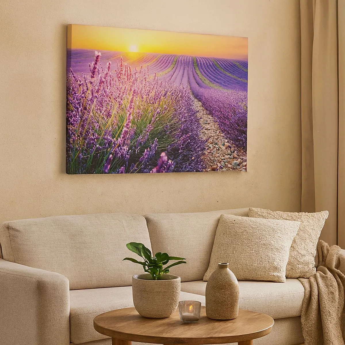 Obraz na plátne - Levanduľové pole pri západe slnka - 70x50cm - Voňavý lán - Moderná nástenná dekorácia do obývacej izby a spálne ARTTOR