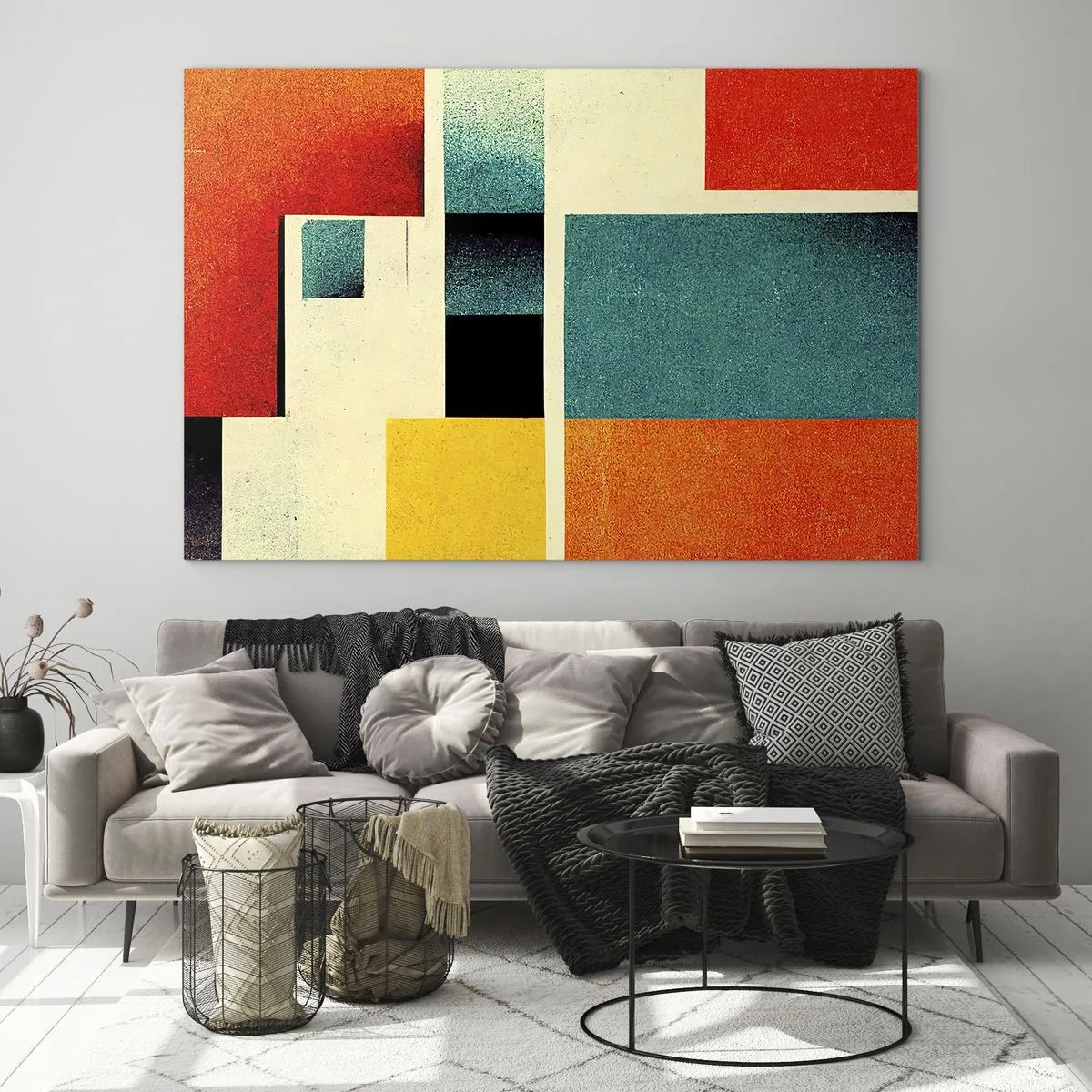 Obraz na skle - Farebné geometrické obdĺžniky v retro štýle - 70x50cm - Geometrická abstrakcia – dobrá energia - Moderná nástenná dekorácia do obývacej izby a spálne ARTTOR