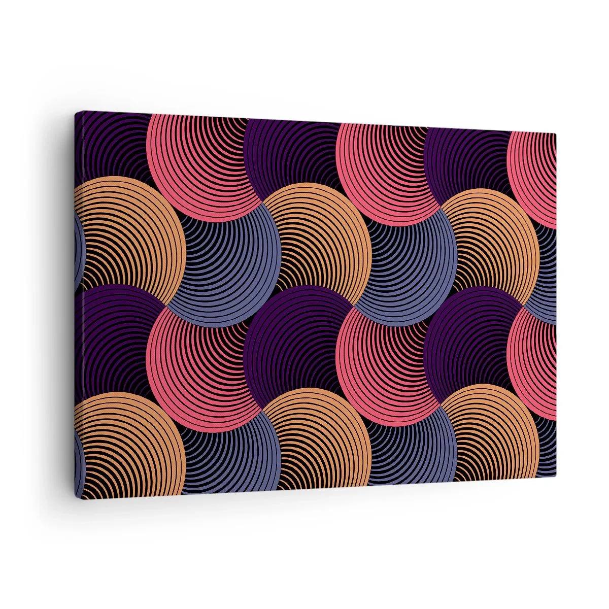 Obraz na plátne - Geometrické kruhy v odtieňoch ružovej, fialovej a zlatej - 70x50cm - V kruhovom rytme - Moderná nástenná dekorácia do obývacej izby a spálne ARTTOR