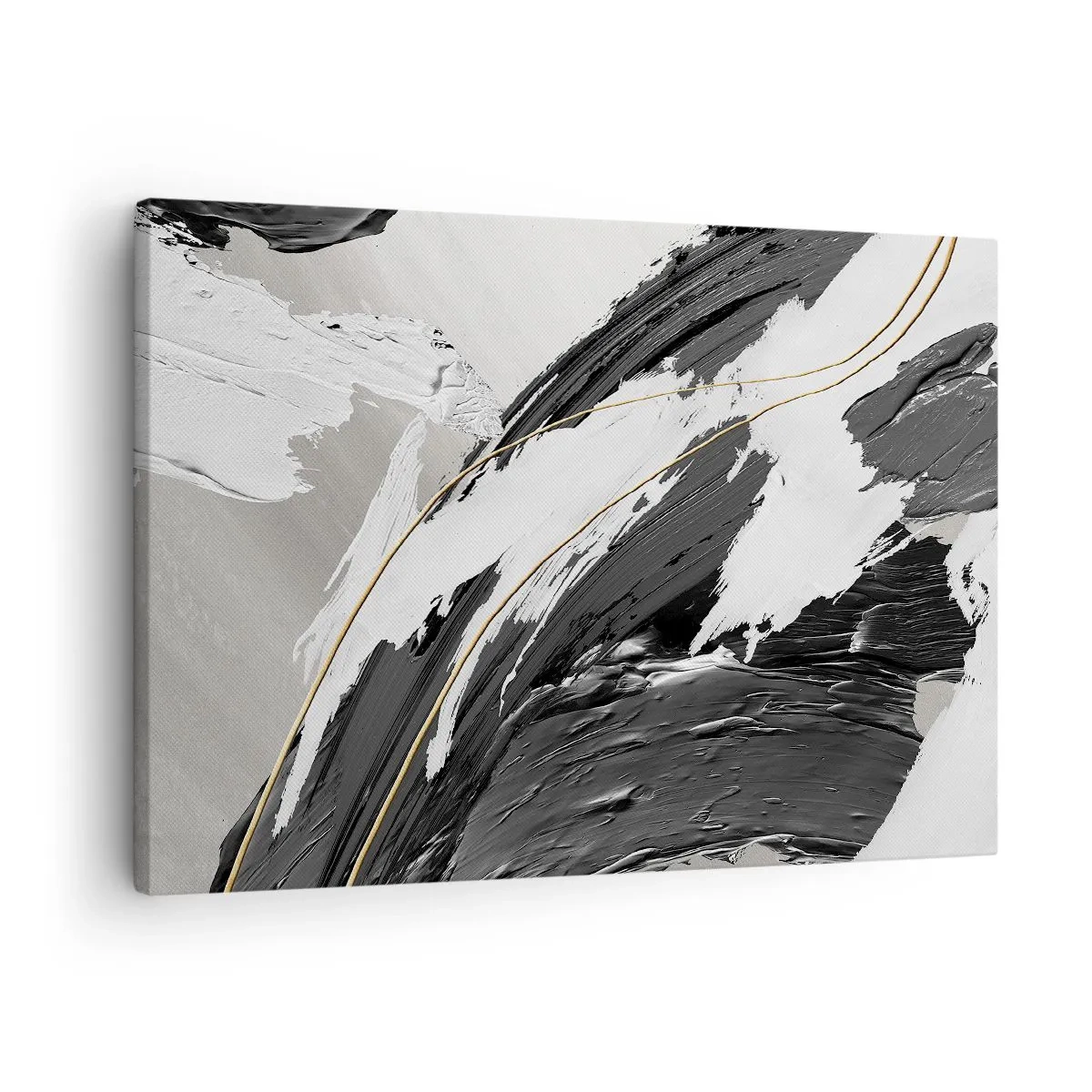 Obraz na plátne - Čiernobiele ťahy farby s jemným zlatým akcentom - 70x50cm - Veľkorysá abstrakcia - Moderná nástenná dekorácia do obývacej izby a spálne ARTTOR