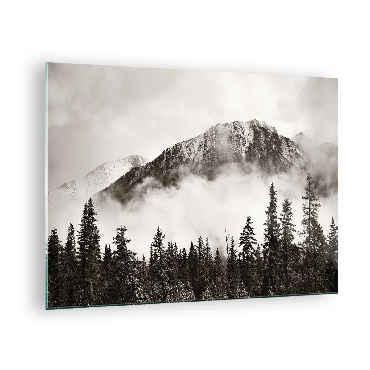 Obraz na skle - Horská krajina s lesom a hmlou v sépiových tónoch - 70x50cm - Žulový panovník - Moderná nástenná dekorácia do obývacej izby a spálne ARTTOR