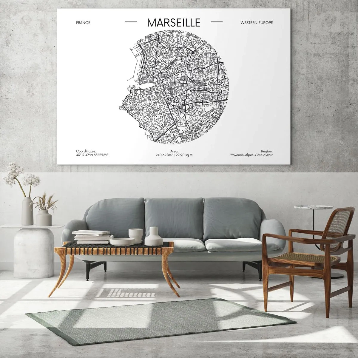 Obraz na skle - Čiernobiela mapa mesta Marseille v modernom štýle - 70x50cm - Anatómia Marseille - Moderná nástenná dekorácia do obývacej izby a spálne ARTTOR