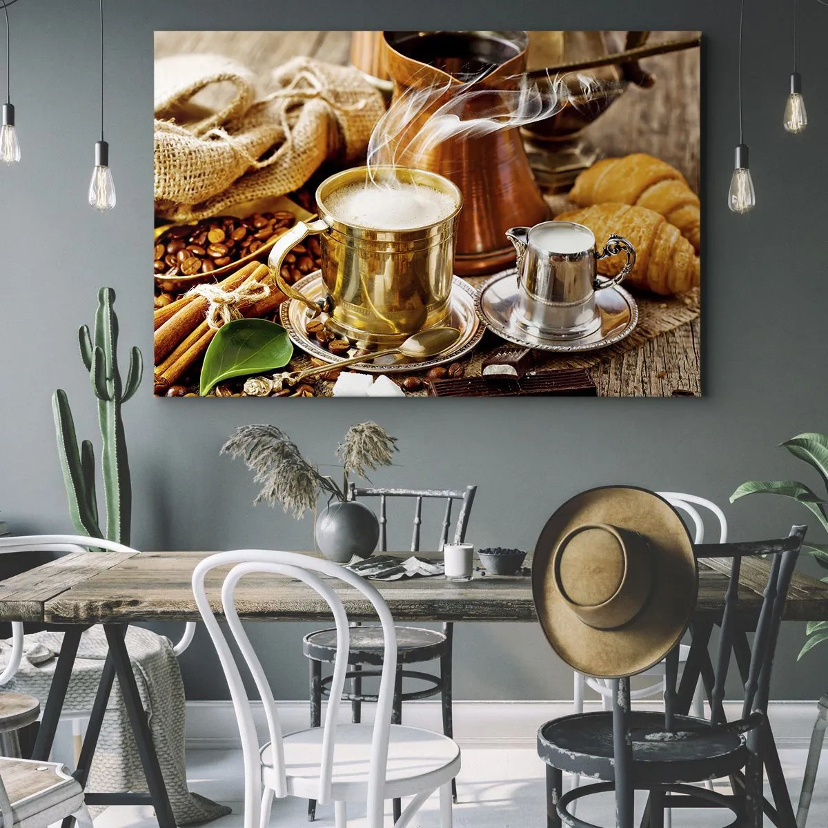 Obraz na plátne - Zlatý hrnček kávy obklopený zrnami, džbánmi a croissantmi - 70x50cm - Pekný deň prajem! - Moderná nástenná dekorácia do obývacej izby a spálne ARTTOR