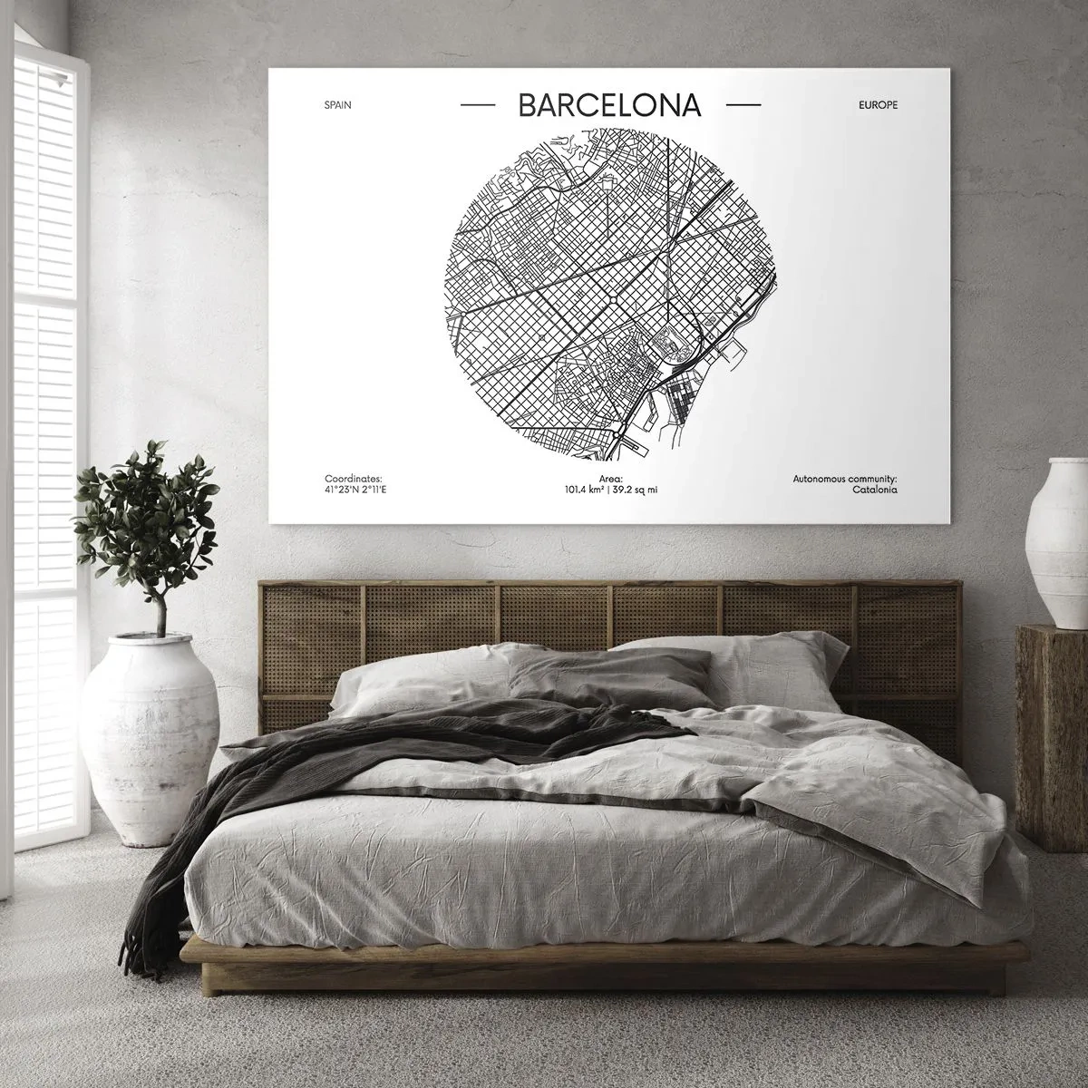 Obraz na skle - Minimalistická mapa Barcelony v čiernobielej estetike - 70x50cm - Anatómia Barcelony - Moderná nástenná dekorácia do obývacej izby a spálne ARTTOR