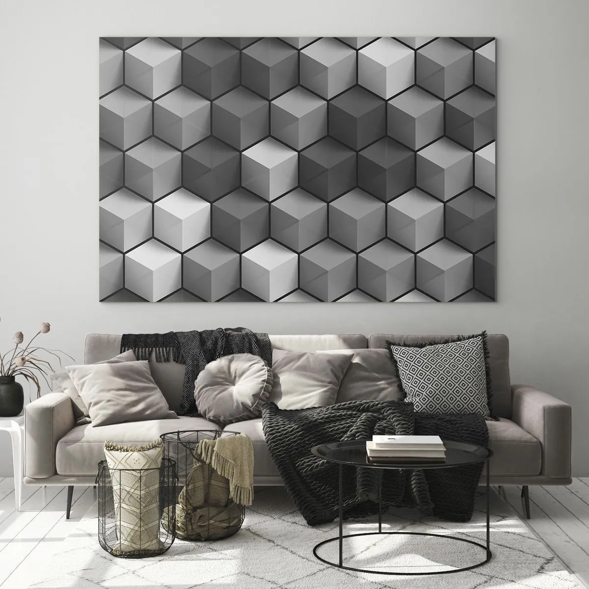 Obraz na skle - Geometrické kocky v odtieňoch sivej - 70x50cm - Kubistické puzzle - Moderná nástenná dekorácia do obývacej izby a spálne ARTTOR
