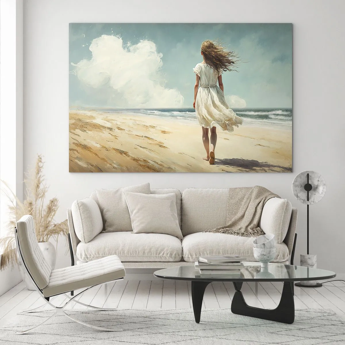 Obraz na skle - Žena v bielych šatách kráčajúca bosá po slnečnej pláži - 70x50cm - Smerom ku slnku a vetru - Moderná nástenná dekorácia do obývacej izby a spálne ARTTOR