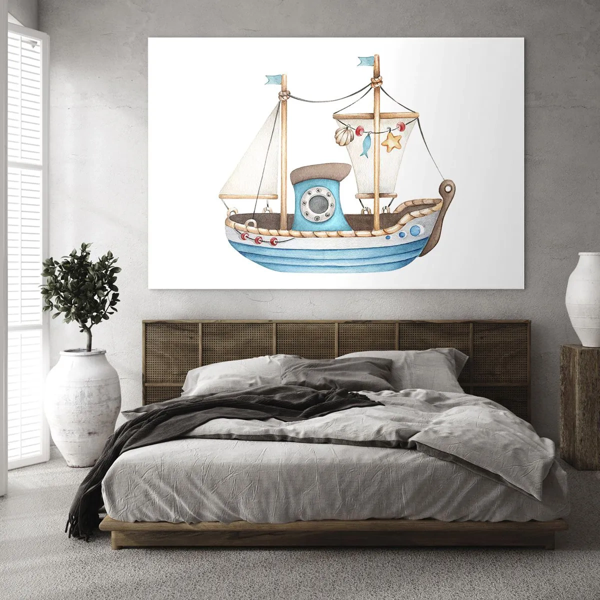 Obraz na skle - Ilustrácia detskej lode na bielom pozadí - 70x50cm - Ahoj, dobrodružstvo! - Moderná nástenná dekorácia do obývacej izby a spálne ARTTOR
