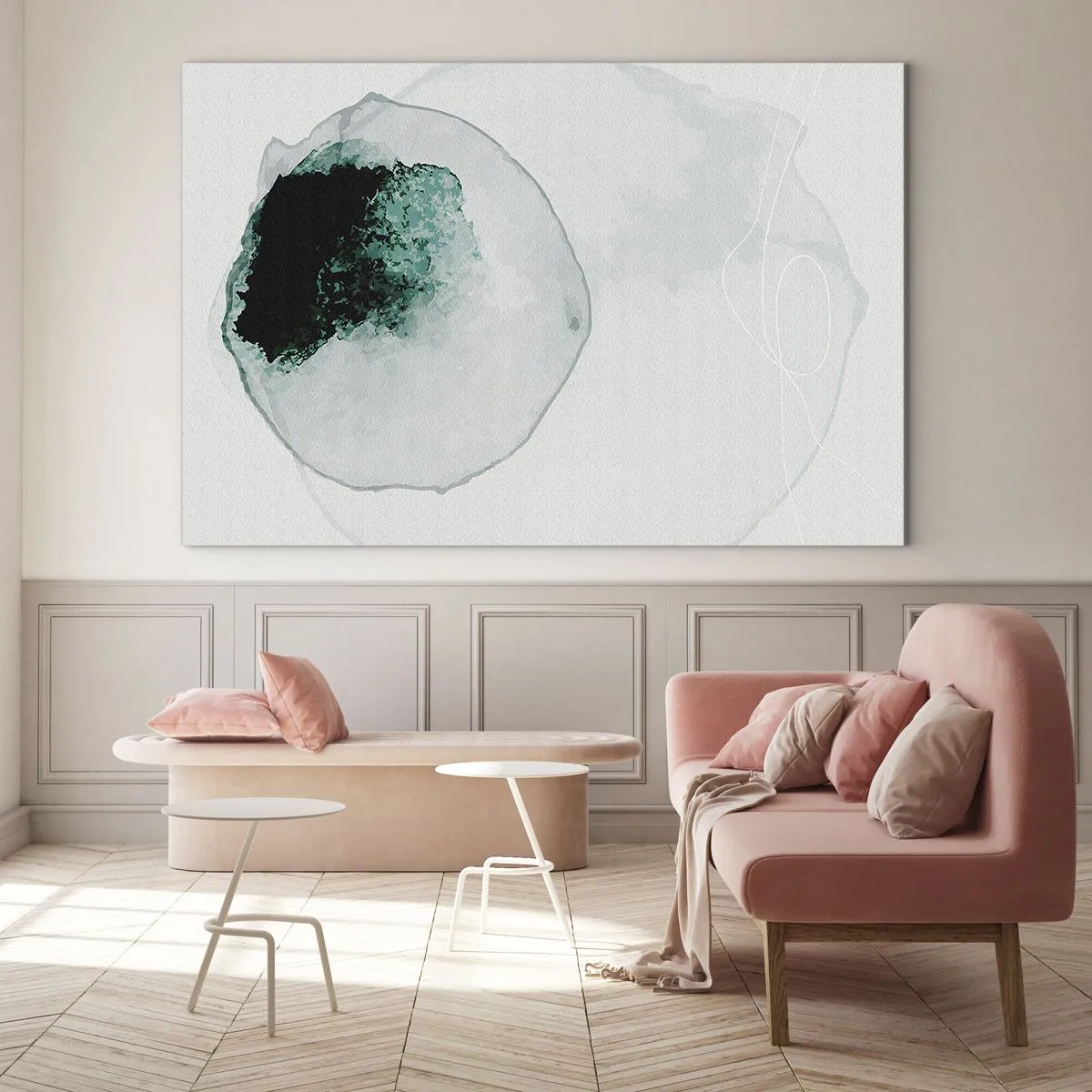 Obraz na skle - Abstraktný tvar pripomínajúci kvapku vody v odtieňoch zelenej. - 70x50cm - V kvapke vody - Moderná nástenná dekorácia do obývacej izby a spálne ARTTOR