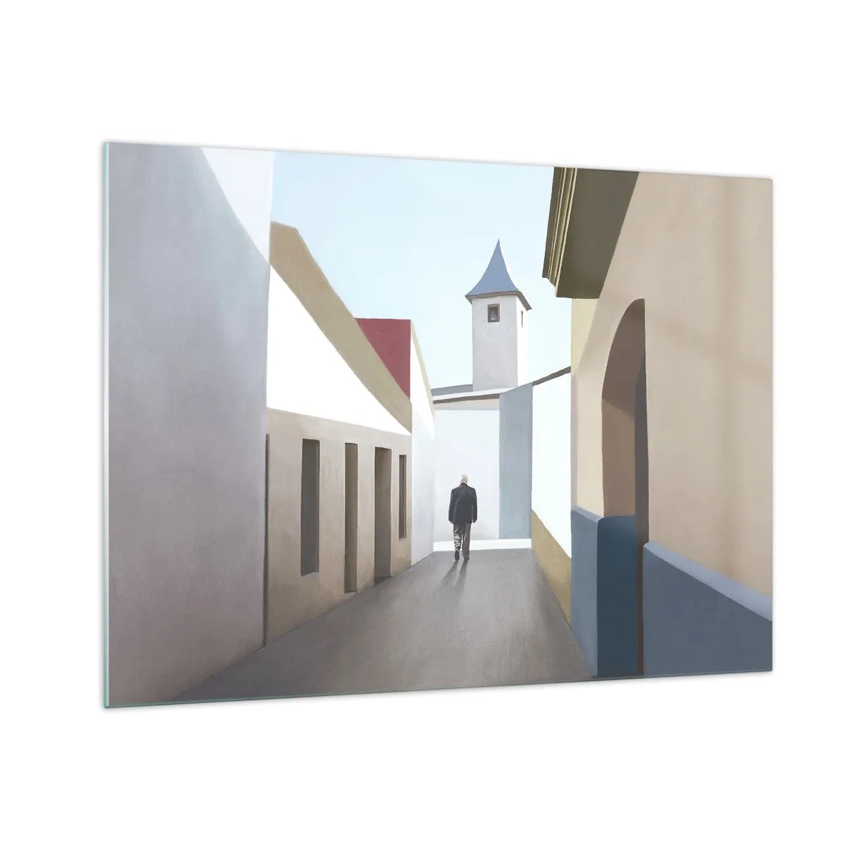 Obraz na skle - Ulica zaliata slnkom s postavou kráčajúcou v diaľke - 70x50cm - Slnečná prechádzka - Moderná nástenná dekorácia do obývacej izby a spálne ARTTOR