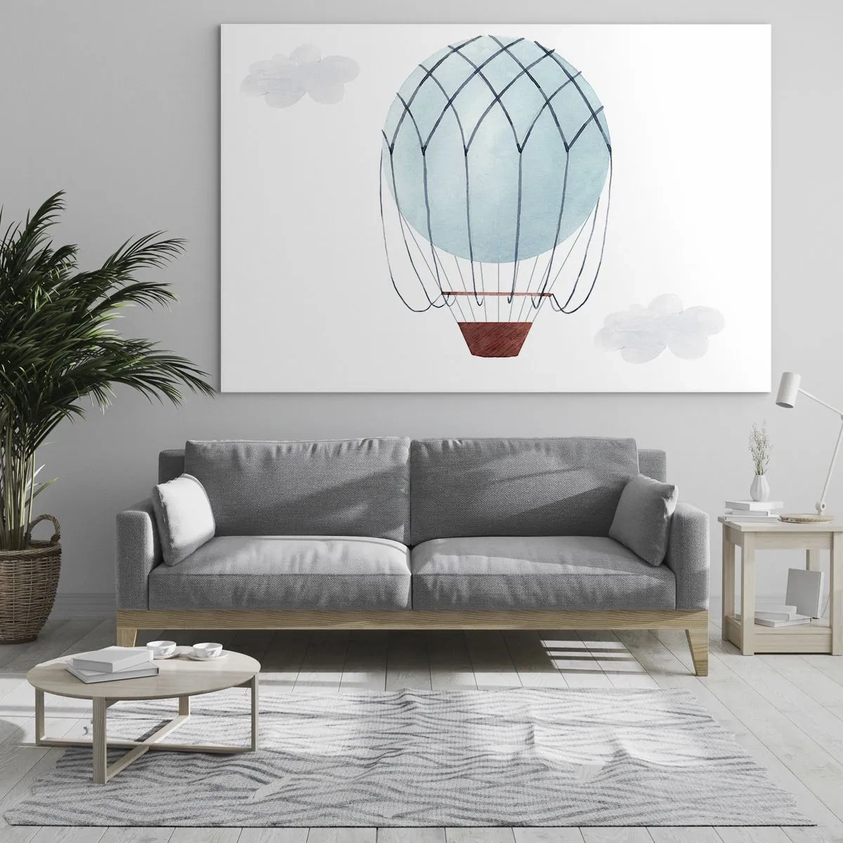 Obraz na skle - Modrý teplovzdušný balón v oblakoch - 70x50cm - Celý v oblakoch - Moderná nástenná dekorácia do obývacej izby a spálne ARTTOR