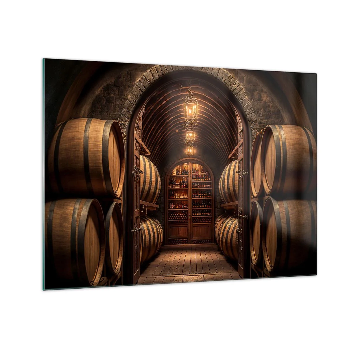 Obraz na skle - Vinohrad so sudmi a osvetlenou pivnicou plnou fliaš - 70x50cm - Nádherná pivnica - Moderná nástenná dekorácia do obývacej izby a spálne ARTTOR