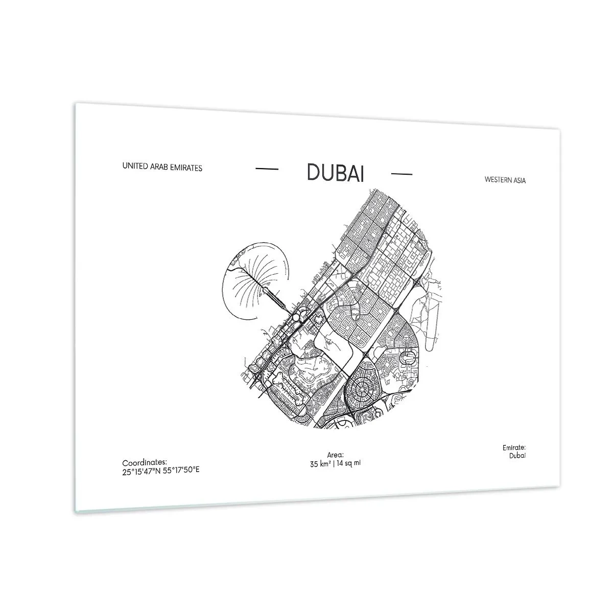 Obraz na skle - Minimalistická mapa Dubaja v čiernobielom štýle. - 70x50cm - Anatómia Dubaja - Moderná nástenná dekorácia do obývacej izby a spálne ARTTOR