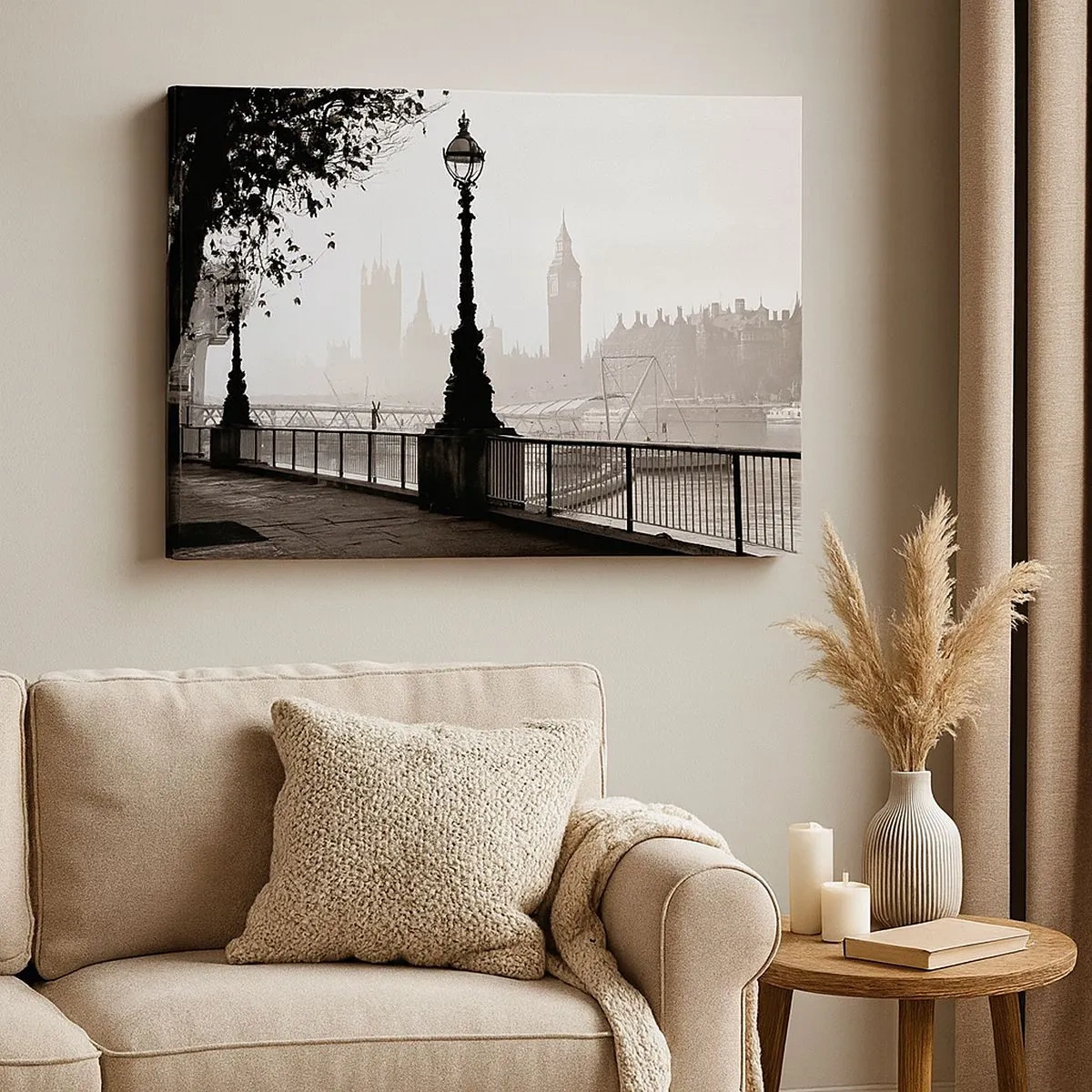 Obraz na plátne - Monochromatický pohľad na Big Ben a Temžu. - 70x50cm - Londýnske ráno - Moderná nástenná dekorácia do obývacej izby a spálne ARTTOR